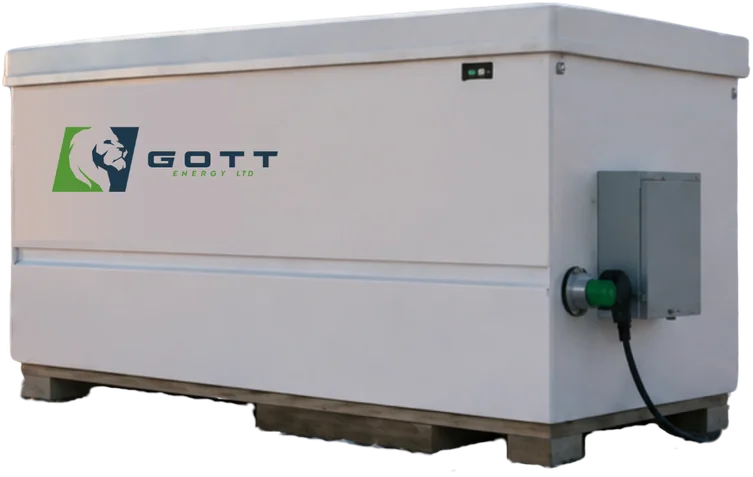 GOTT Energy MAPS unit: a white enclosure on a wooden pallet with a power connection on the side